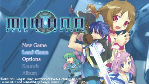 Mimana Iyar Chronicles title screen for PSP